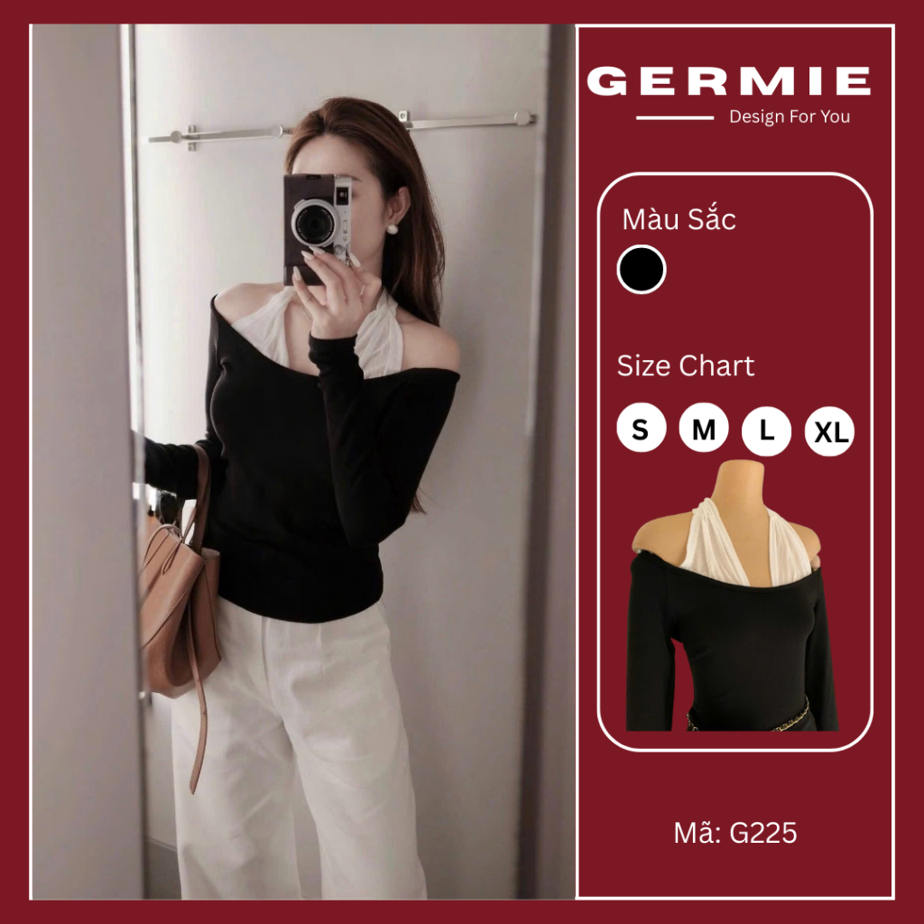 GERMIE Áo Thun Ôm Tay Dài Phối Yếm Voan - Hàng Thiết Kế Nhà Germie | Mã: G225