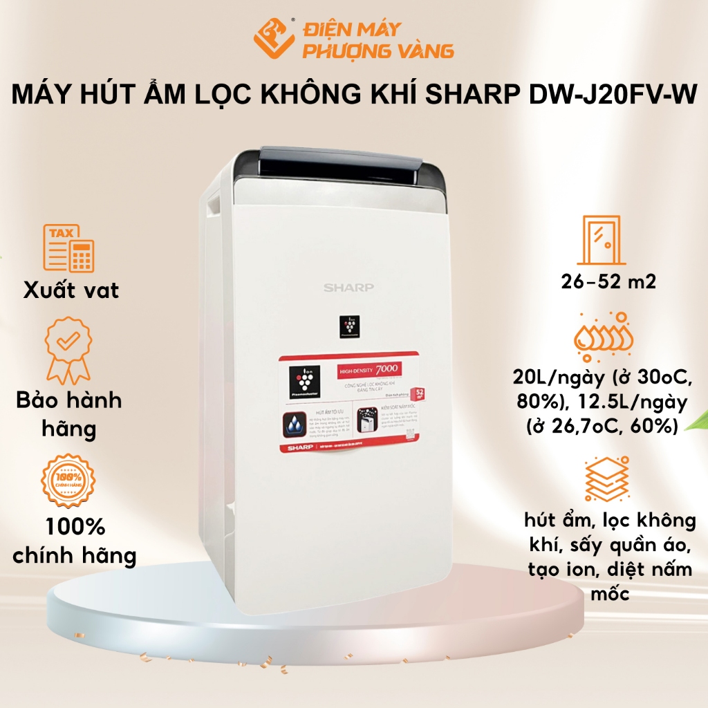 [HỎA TỐC]  Máy hút ẩm lọc không khí Sharp DW-J20FV-W, 20L/ngày, <52m2, tạo ion, BH 12 tháng chính hã