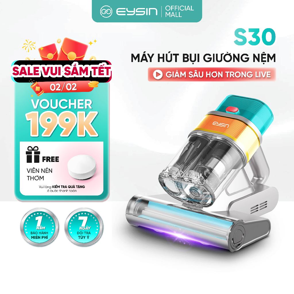 Máy hút bụi giường nệm EYSIN S30 Lực hút mạnh 21000PA Công suất 400W Đèn UV khuẩn Lõi lọc HEPA đa tầ