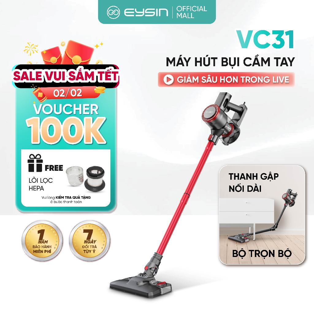 Máy Hút Bụi Có Dây EYSIN VC31 Lực Hút 26000PA Công Suất 600W Tiếng Ồn Thấp Thanh Gập Nối Dài