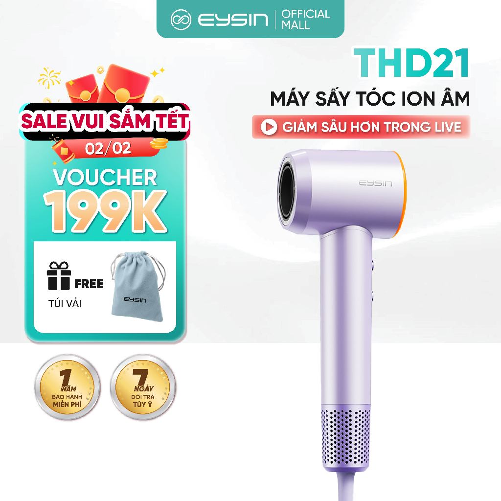 Máy sấy tóc EYSIN THD21 Tốc Độ Cao Công Suất 1600W 200 Triệu Ion Âm Nhỏ Gọn Nhanh Khô Tóc