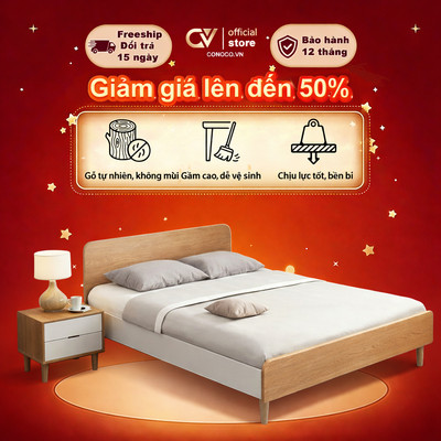 CONOCO Giường Ngủ GỗTự Nhiên Chân Cao 30cm Khung Chắc Chắn Dễ Vệ Sinh Size 1m2 1m5