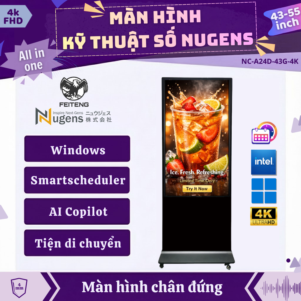 MÀN HÌNH QUẢNG CÁO CHÂN ĐỨNG 43-55 INCH 4K Nugens NC-A24D-43G-4K| Win11 Pro, Ram 8GB, SSD 128GB