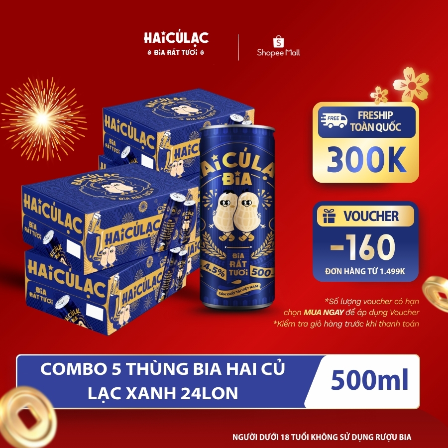 [BIA TƯƠI] COMBO 5T BIA HAI CỦ LẠC - BIA RẤT TƯƠI [THÙNG  24 X 500ML]