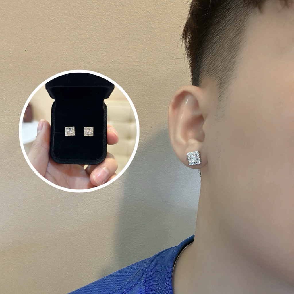 Khuyên tai bạc xi kim nụ đá vuông thiết kế Luxury - MINA JEWELRY