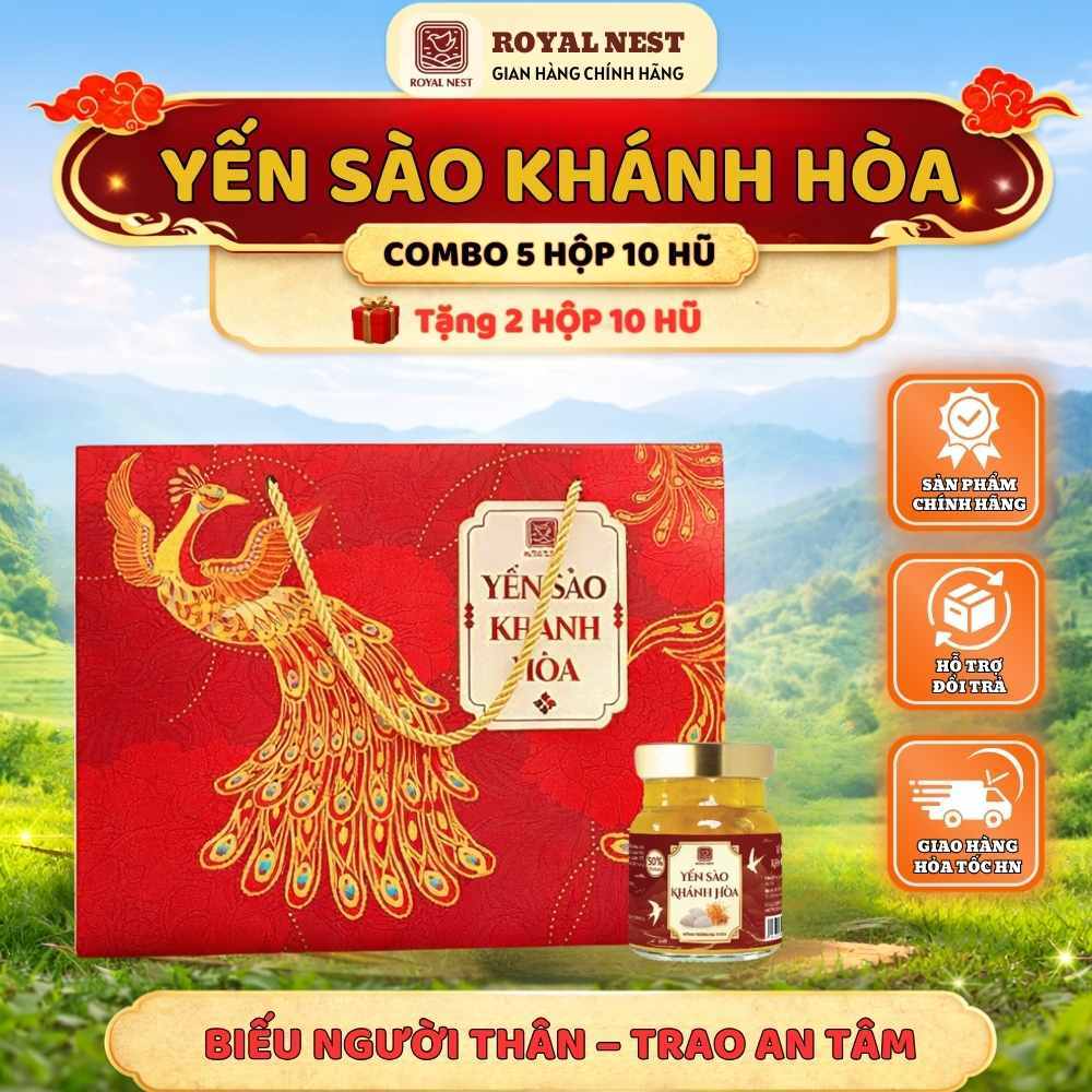 Yến sào Nha Trang thương hiệu Royal Nest - [Combo 5 hộp (10 hũ) ] tặng 2 hộp 10 hũ