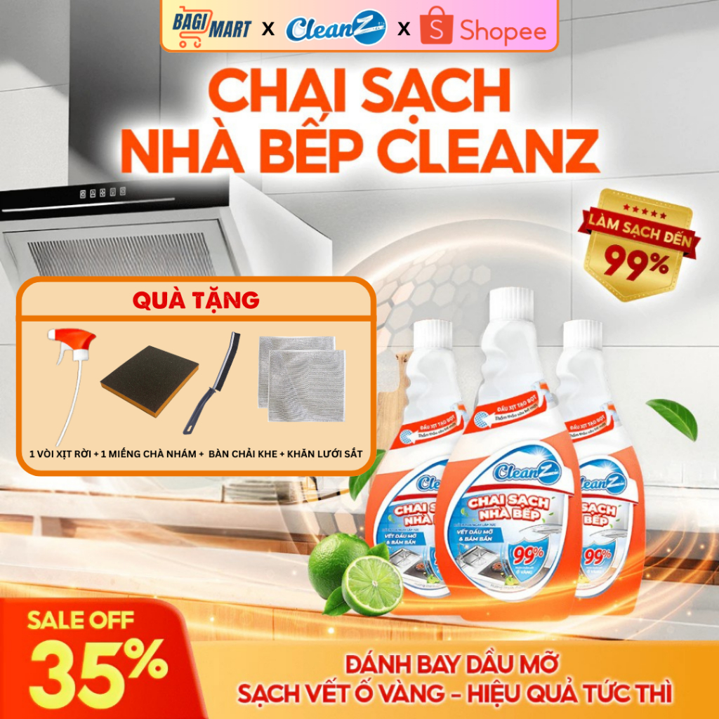 Combo 3 chai sạch đa năng nhà và bếp cleanz làm sạch dầu mỡ, vết ố vàng, hương chanh dịu nhẹ 450ml