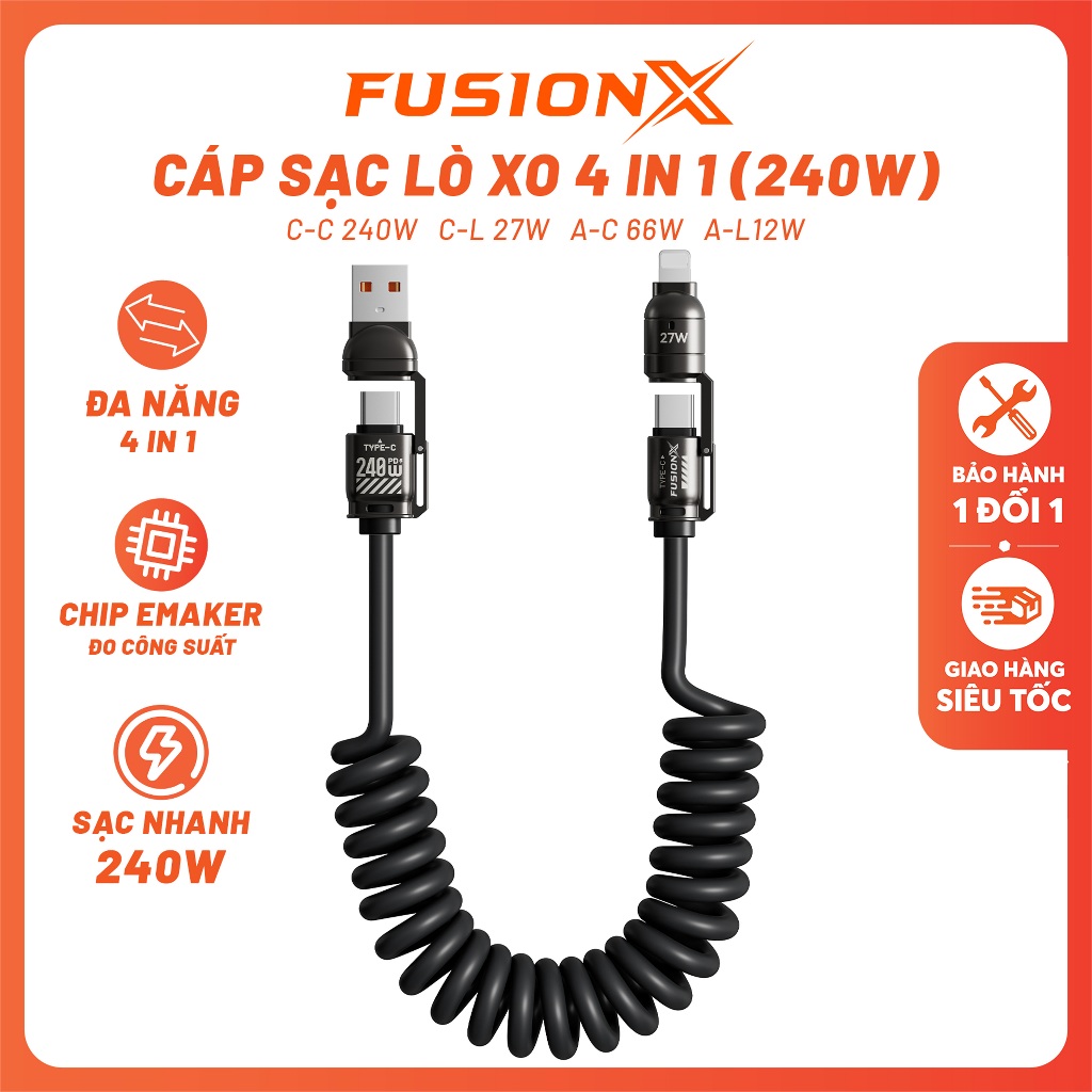 Cáp Sạc Lò Xo 4 in 1 240W - Sạc Nhanh 4 Đầu Cáp C-C, C-L, USB, Chiều Dài Tối Đa 2M | FUSIONX 240W