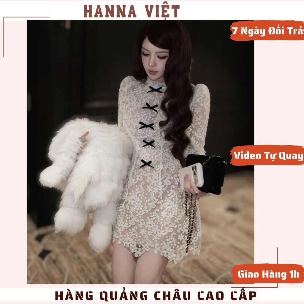 Váy Nữ, Váy Ren Nữ, Váy Ren Dài Tay Vai Bồng Mix Nơ Dáng Ngắn MPB Chân 2 Lớp Sang Chảnh HNS Ms772