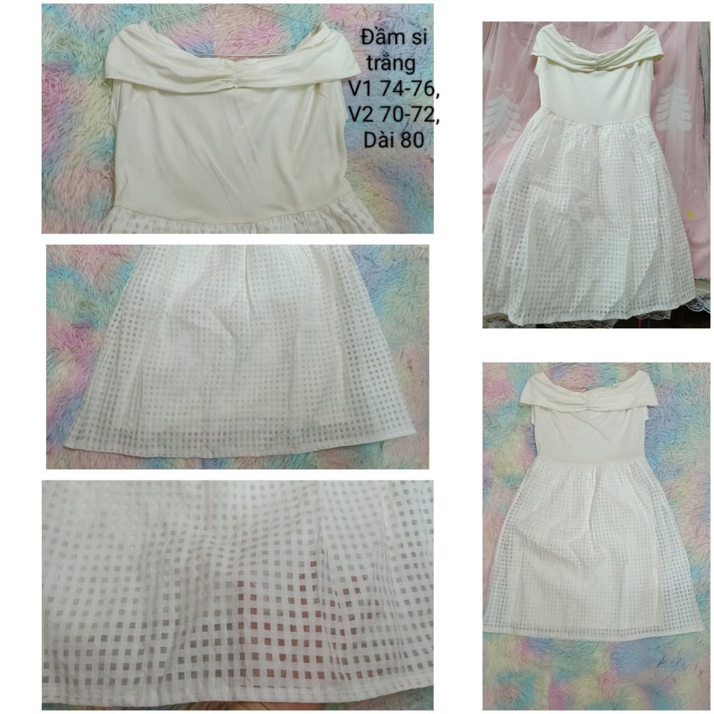 D48#Đầm trắng trễ vai dáng xoè – Hàng si tuyển – Như mới