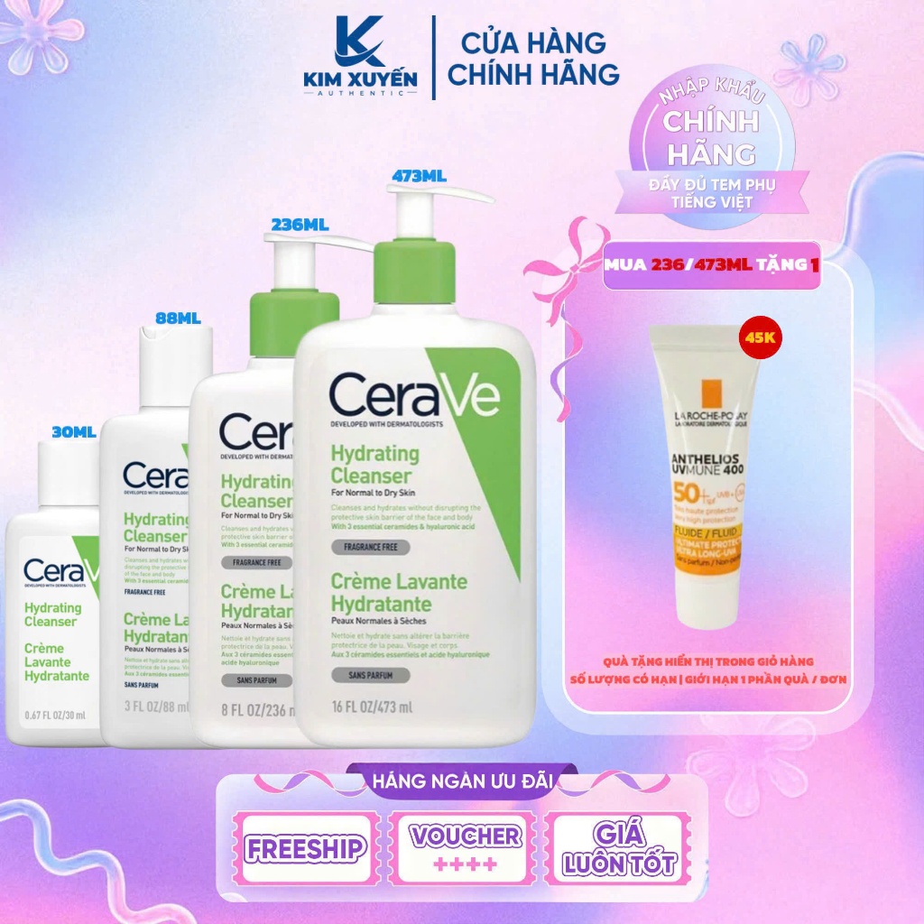 (XANH LÁ - DA KHÔ) Sữa rửa mặt Cerave Hydrating Cleanser 30ML/88ML/236ML/473ML [ MUA 236/473ML TẶNG 