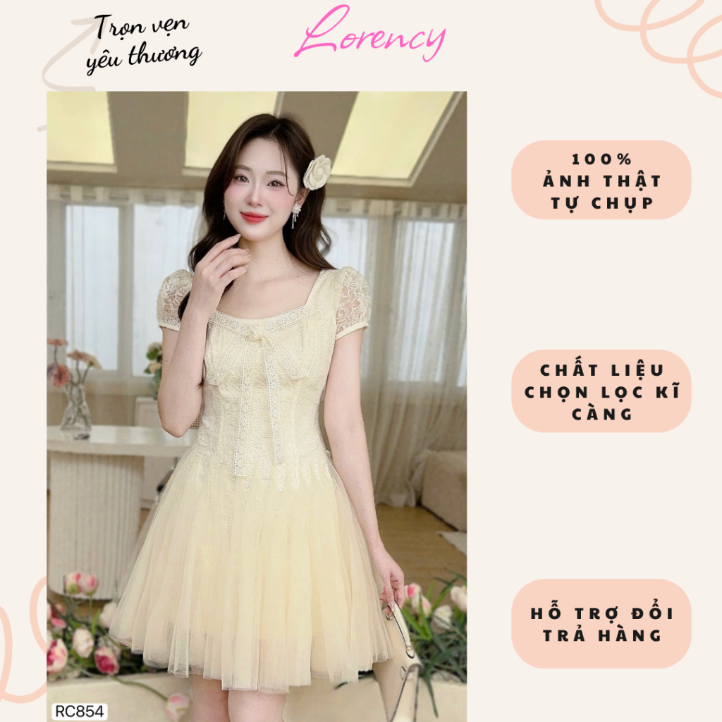 Váy ren Hàn nữ Rency  cổ vuông dáng xòe màu kem be RC854