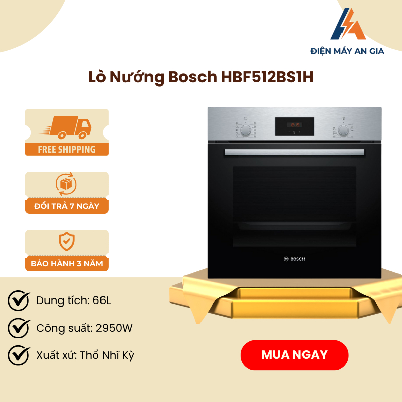 Lò Nướng Âm Tủ Bosch HBF512BS1H – Dung Tích 66L – Công Nghệ 3D Hotair Chín Đều, Ngon Trọn Vị – PEB
