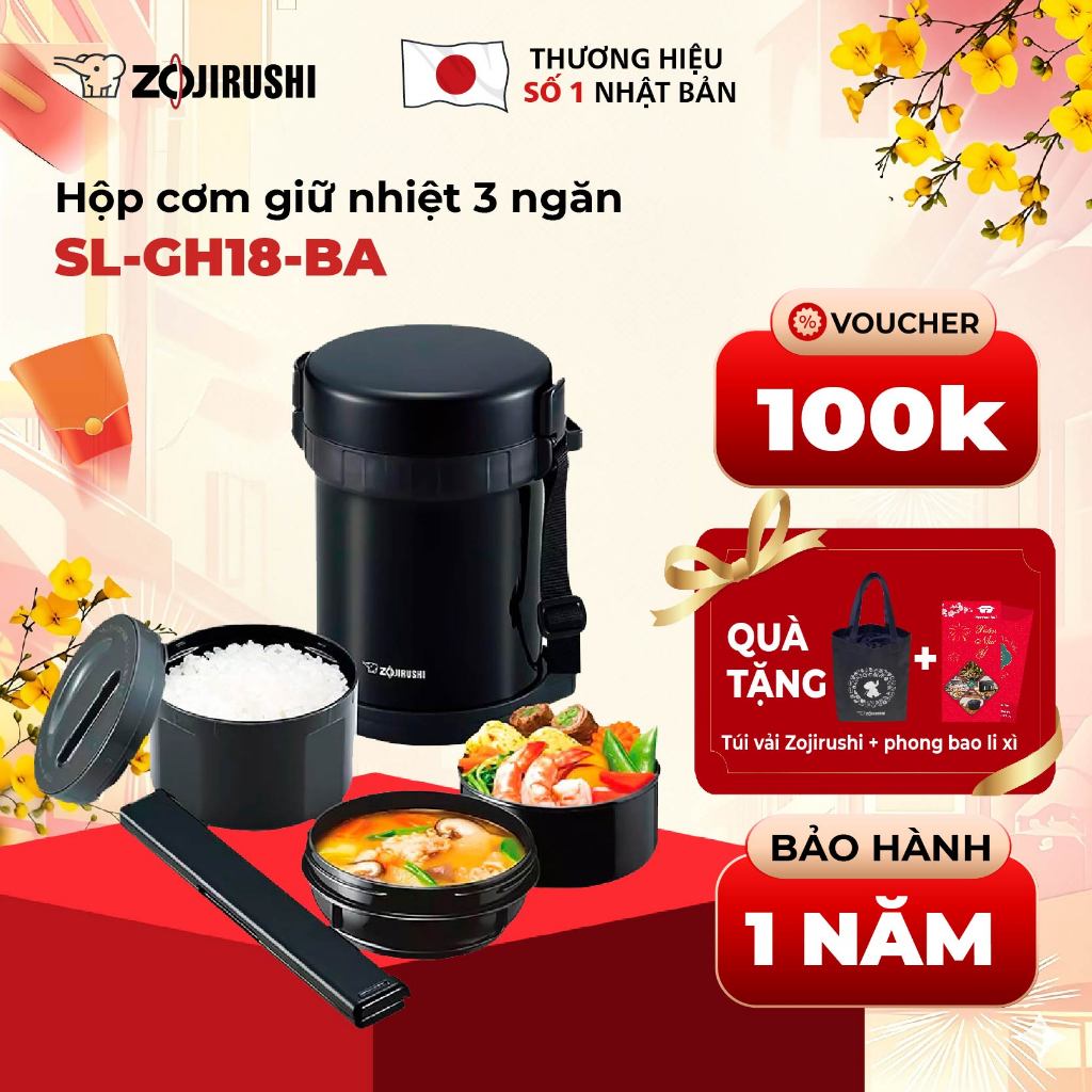 [HỎA TỐC HN-HCM] Hộp Cơm Giữ Nhiệt Zojirushi 3 ngăn SL-GH18-BA dung tích 1,27L, bảo hành 1 năm