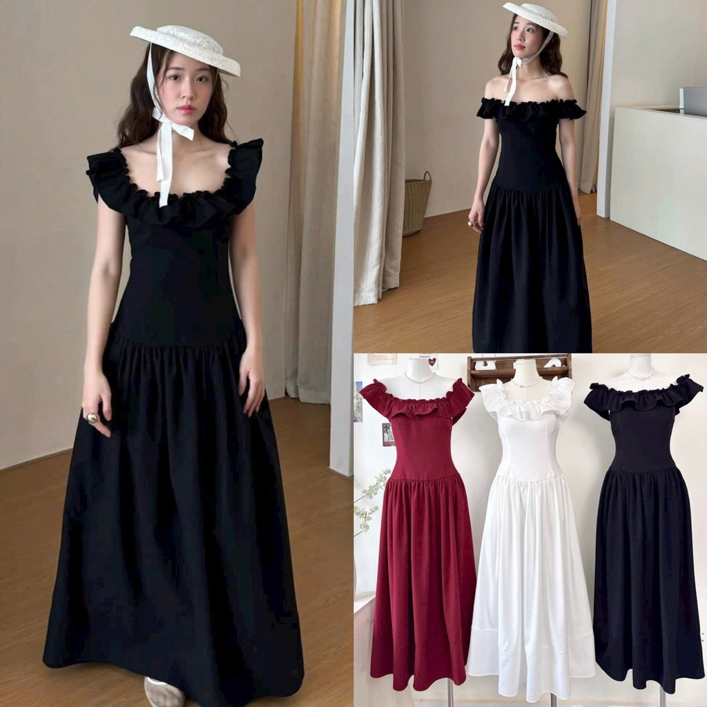 ( Sam’s Clothing ) Đầm midi trễ vai nhúng thun sau dáng dài xoè xinh xắn