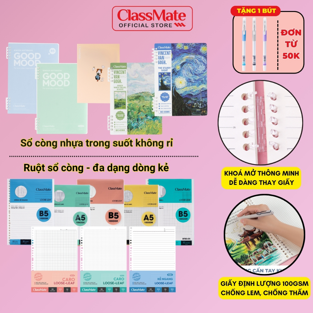 [Tặng Bút] Sổ Còng Classmate Binder Còng Nhựa Không Rỉ A5 B5 Ruột Giấy Refill 100GSM Kẻ Ngang/Caro/Chấm Sổ Van Gogh