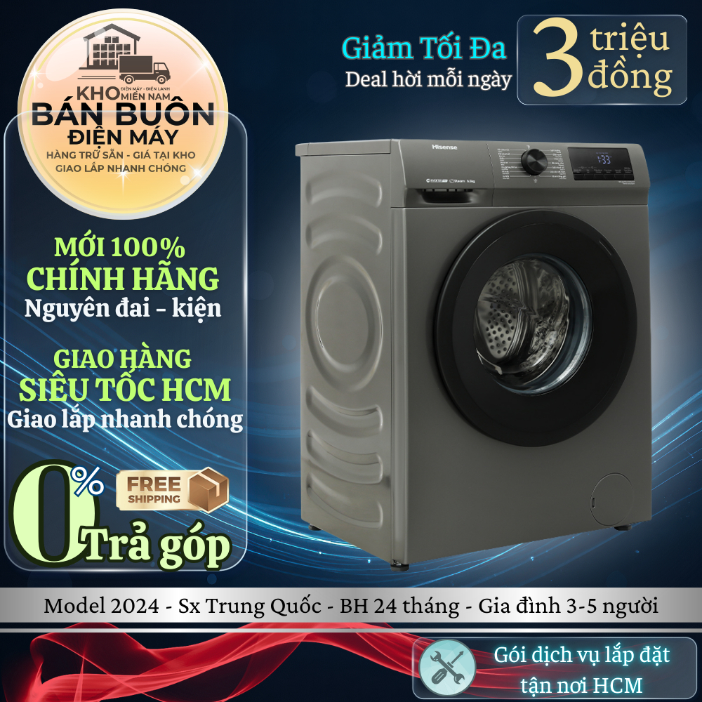 WFQP8523BT Máy Giặt Hisense 8.5kg Inverter – Giặt Hơi Nước Diệt Khuẩn, Tiết Kiệm Điện | WFQP8523BT
