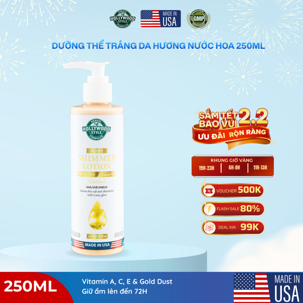 [DATE 11/2026] Sữa Dưỡng Thể Hollywood Style Ánh Nhũ Hương Nước Hoa, Cấp Ẩm Tức Thì & Tái Tạo Da 250