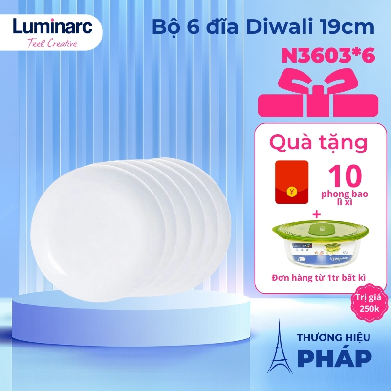 Bộ 6 đĩa (dĩa) thủy tinh Luminarc Diwali 19cm N3603*6, dùng lò vi sóng, máy rửa bát, Hàng chính hãng