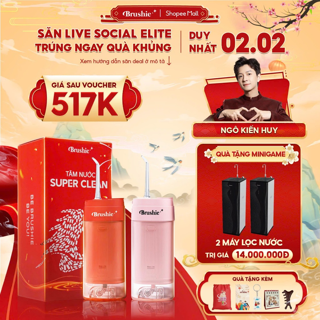 [GIÁ 517K LIVE NGÔ KIẾN HUY] Tăm nước Brushie Super Clean bản nâng cấp 2025 công nghệ sóng âm tiện l
