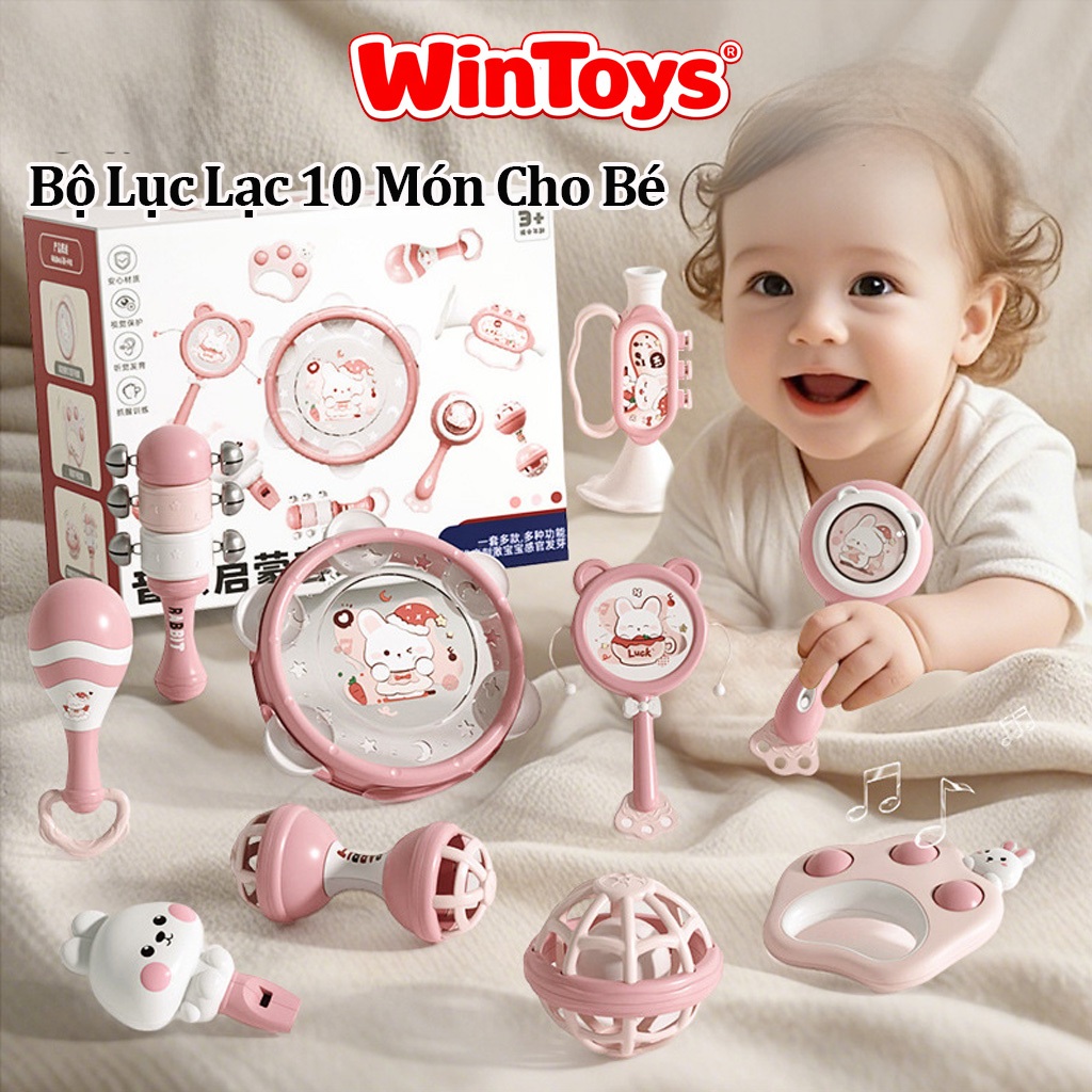 Đồ Chơi Nhạc Cụ Lục Lạc 10 Món Cho Bé Sơ Sinh An Toàn, Xúc Xắc Trống Kèn Phát Triển Giác Quan 10 Món