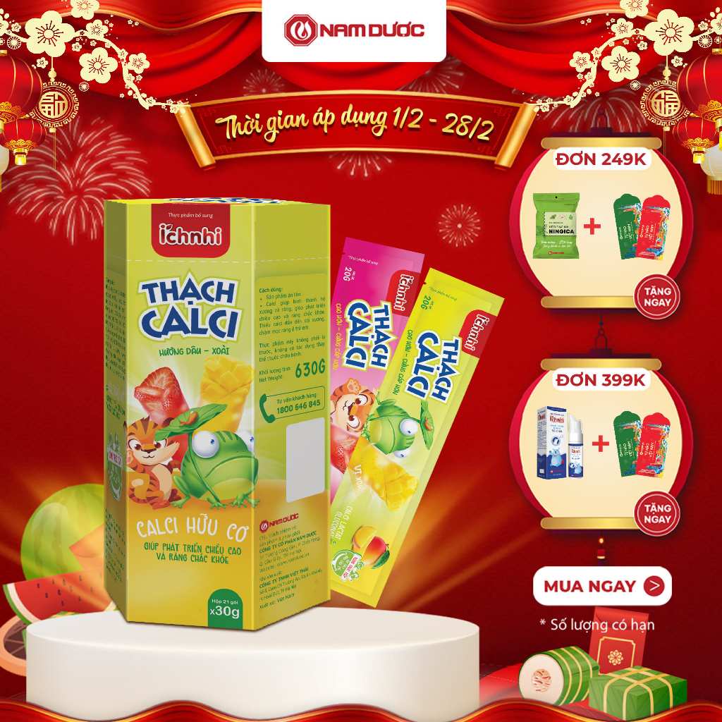 Thực phẩm bổ sung ÍCH NHI THẠCH CALCI HƯƠNG DÂU, XOÀI, bổ sung calci hữu cơ cho bé, Hộp 21 túix30gr