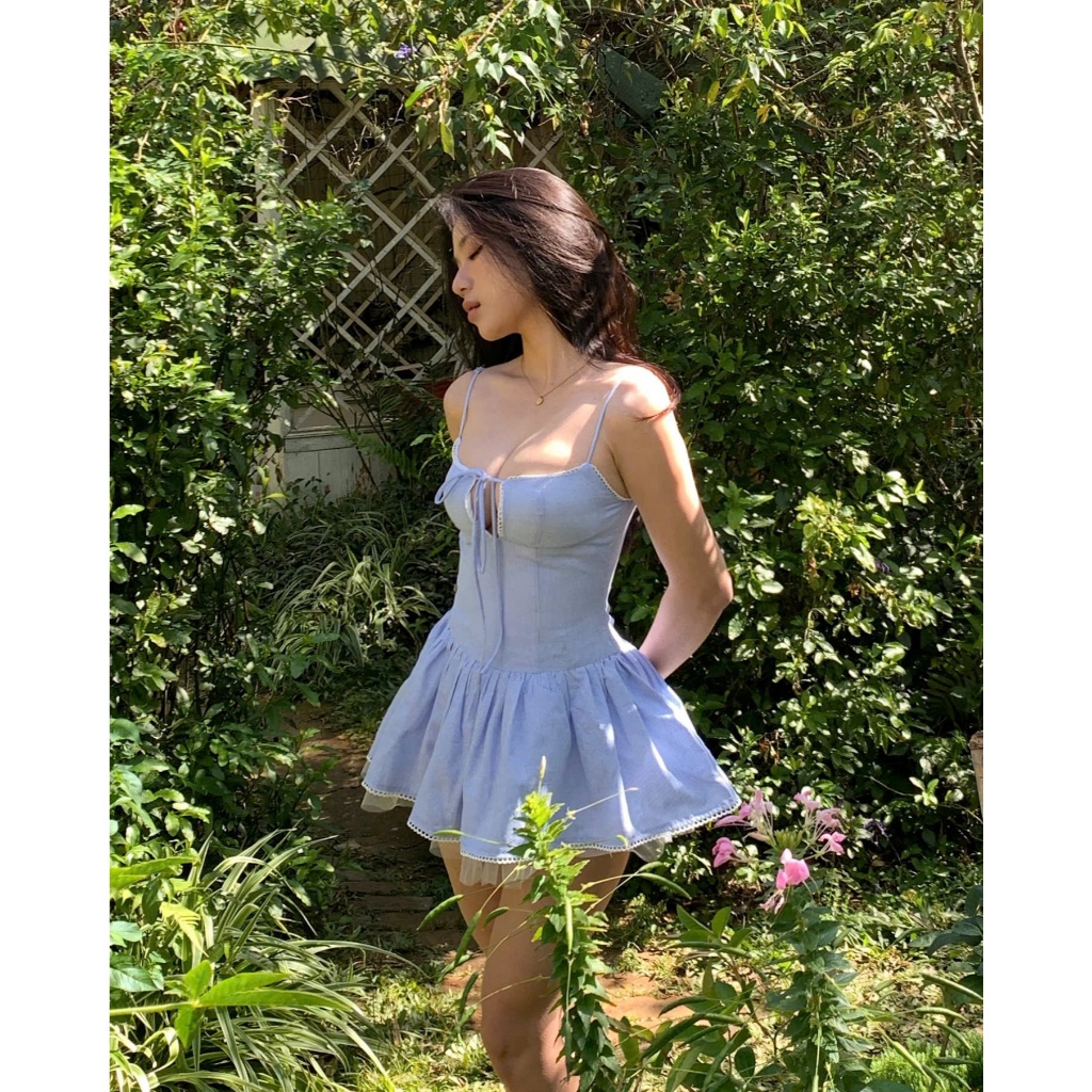 Đầm 2 dây xanh dương blue Sky Tie Dress - Byvee, Đầm đi biển dáng ngắn tùng xòe đi chơi | BigBuy360 - bigbuy360.vn