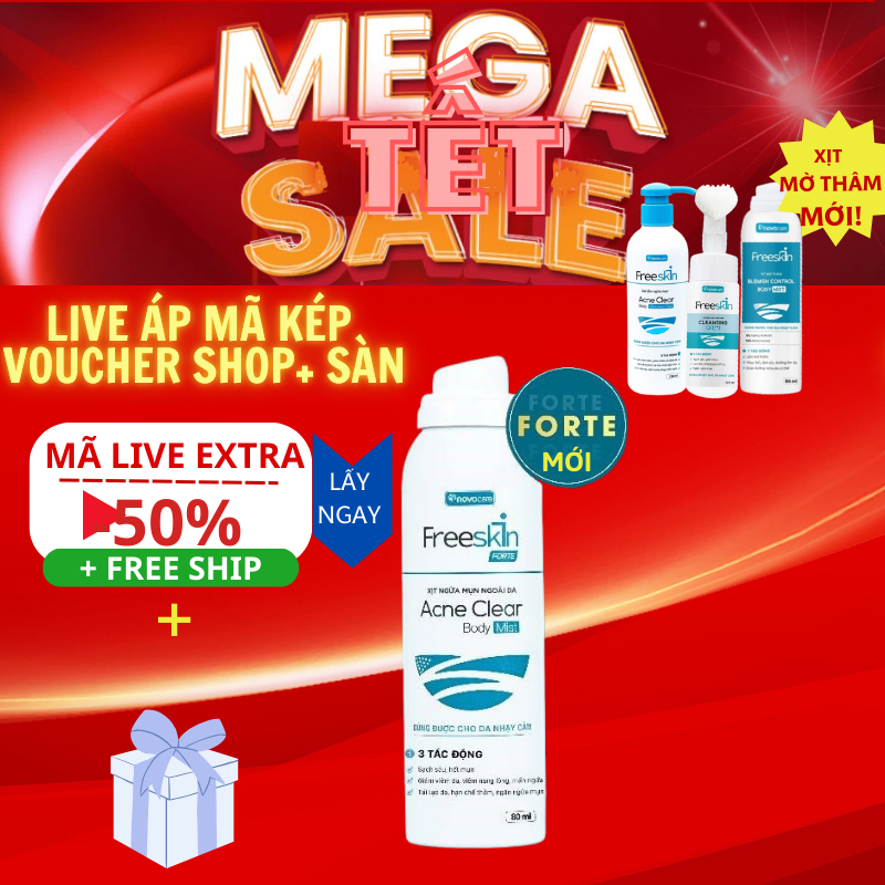 Combo Xịt Mụn Lưng Freeskin, Gel Tắm Sữa Tắm Mụn Lưng Freeskin XỊt Mờ Thâm và Bọt Rửa Mặt Freeskin- 