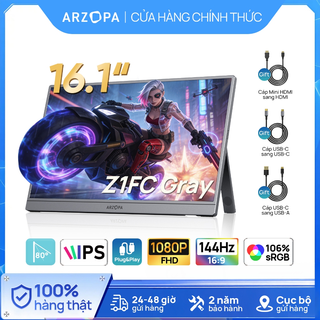 Màn Hình Chơi Game Di Động ARZOPA 16.1” FHD 144Hz HDR 100% sRGB – Màu Xám + Túi Đựng, Cho Laptop / P