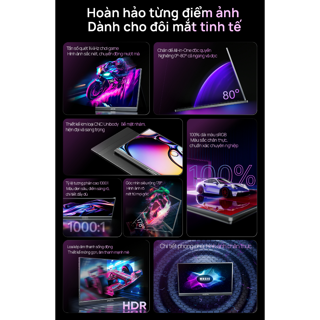 Màn Hình Chơi Game Di Động ARZOPA 16.1” FHD 144Hz HDR 100% sRGB – Màu Xám + Túi Đựng, Cho Laptop / PS5 / Xbox / Switch / | BigBuy360 - bigbuy360.vn