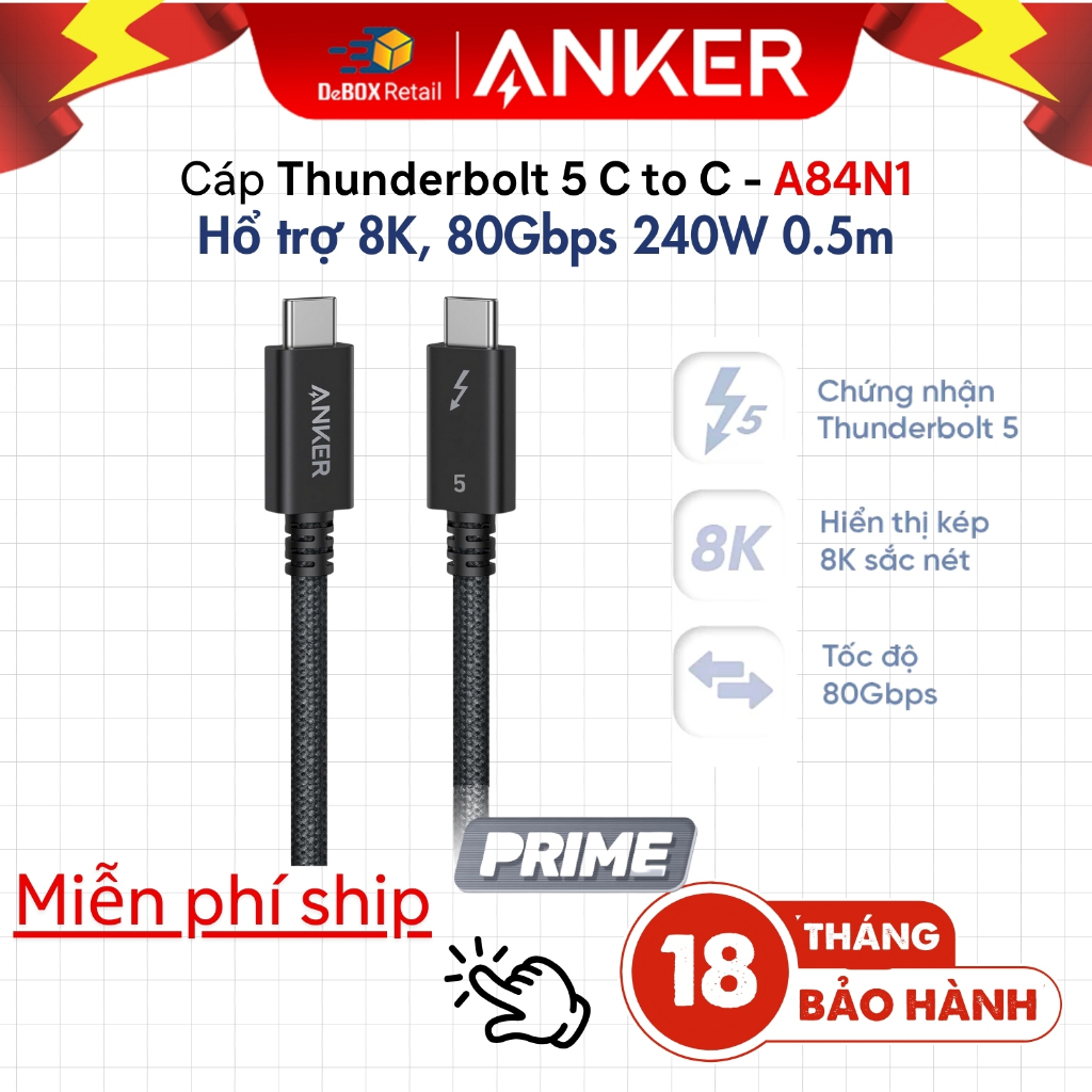 [NEW] Cáp Thunderbolt 5 Anker PRIME 80Gbps 240W 0.5m Hỗ trợ 8K, Sạc nhanh MacBook, iPhone 15/16, iPa