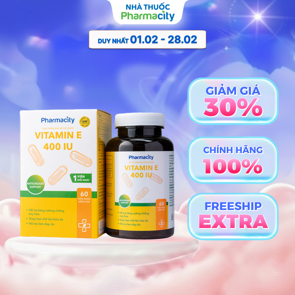 Viên uống Pharmacity Vitamin E 400IU hỗ trợ tăng cường chống oxy hóa, làm đẹp da (Chai 60 viên)