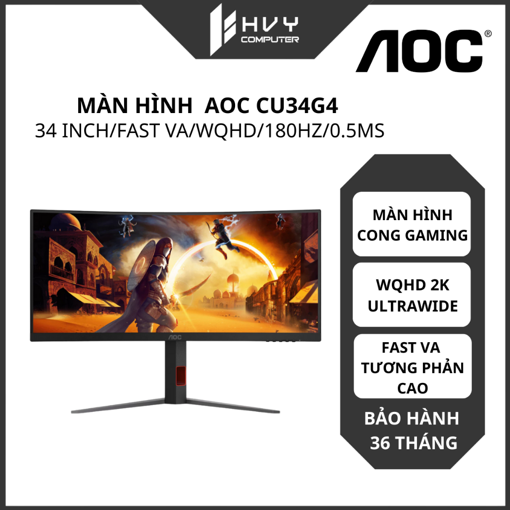 Màn hình Gaming AOC CU34G4 | 34 inch/Fast VA/WQHD/180Hz/0.5ms/Cong 1500R - Hàng chính hãng