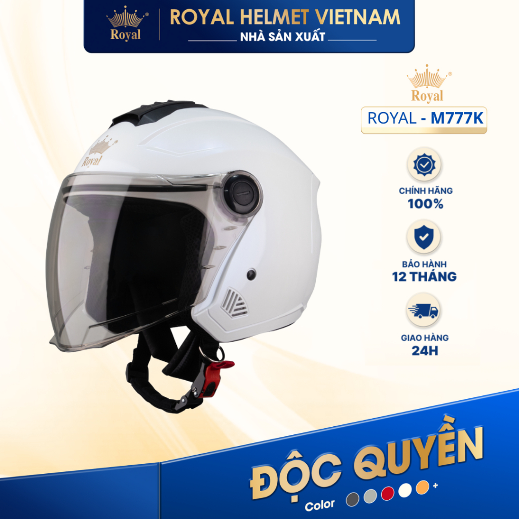 [NHÀ SẢN XUẤT] [TRẮNG] Mũ Bảo Hiểm 3/4 Có Kính Royal M777K Chính Hãng, Nón Bảo Hiểm Cho Nam Nữ Đi Xe
