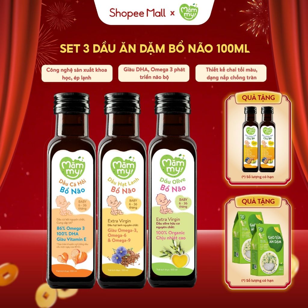 Combo 3 dầu ăn dặm bổ não Mămmy cá hồi, hạt lanh, Olive, gấc, óc chó bổ sung DHA, Omega-3 bé 6 tháng
