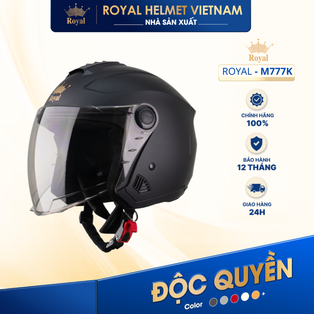[NHÀ SẢN XUẤT] [ĐEN MỜ] Mũ Bảo Hiểm 3/4 Có Kính Royal M777K Chính Hãng, Nón Bảo Hiểm Cho Nam Nữ Đi X