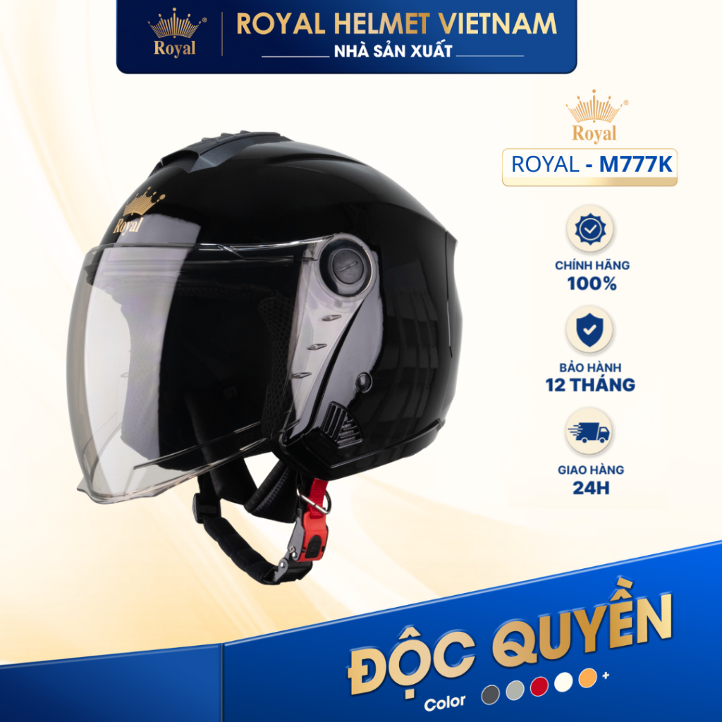 [NHÀ SẢN XUẤT] [ĐEN BÓNG] Mũ Bảo Hiểm 3/4 Có Kính Royal M777K Chính Hãng, Nón Bảo Hiểm Cho Nam Nữ Đi