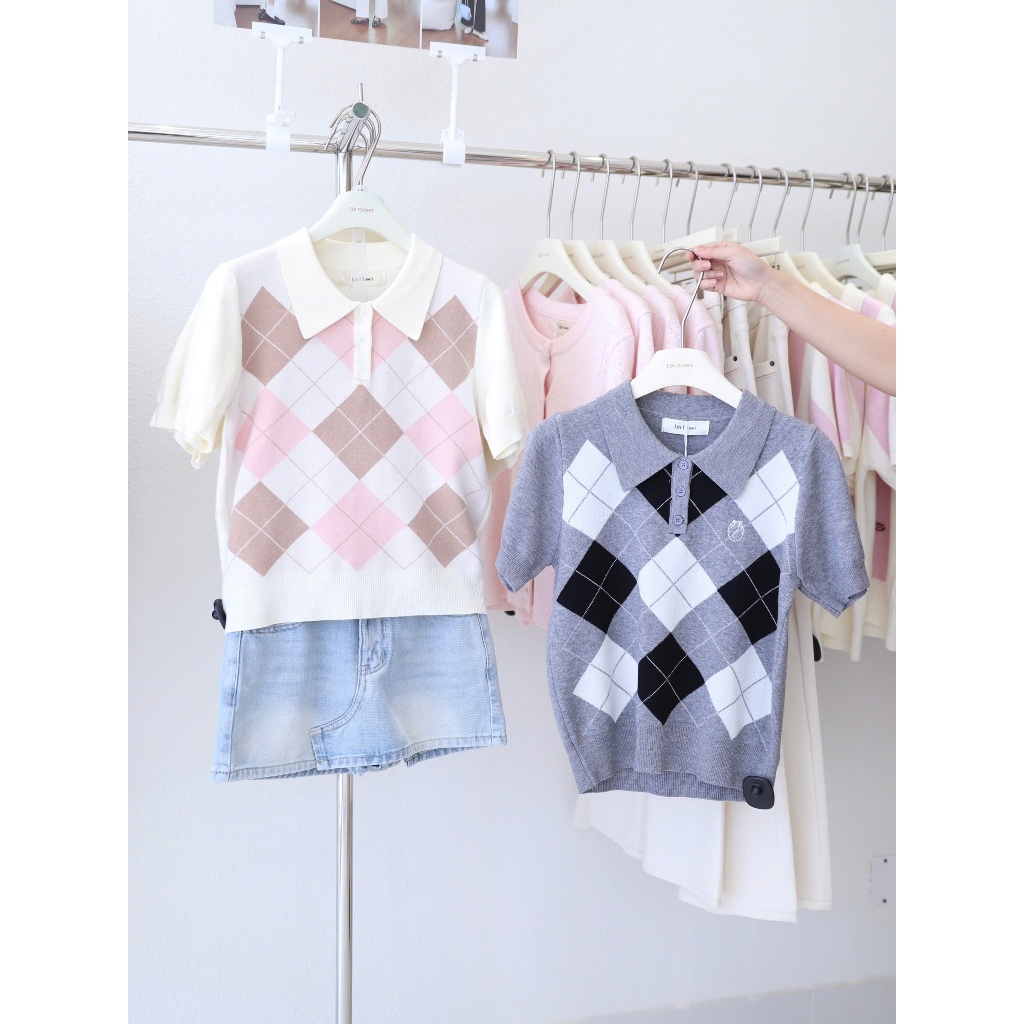 LIN CLOSET [AT1022] Áo len trơn phối cổ SỌC CARO - JANUARY COLLECTION