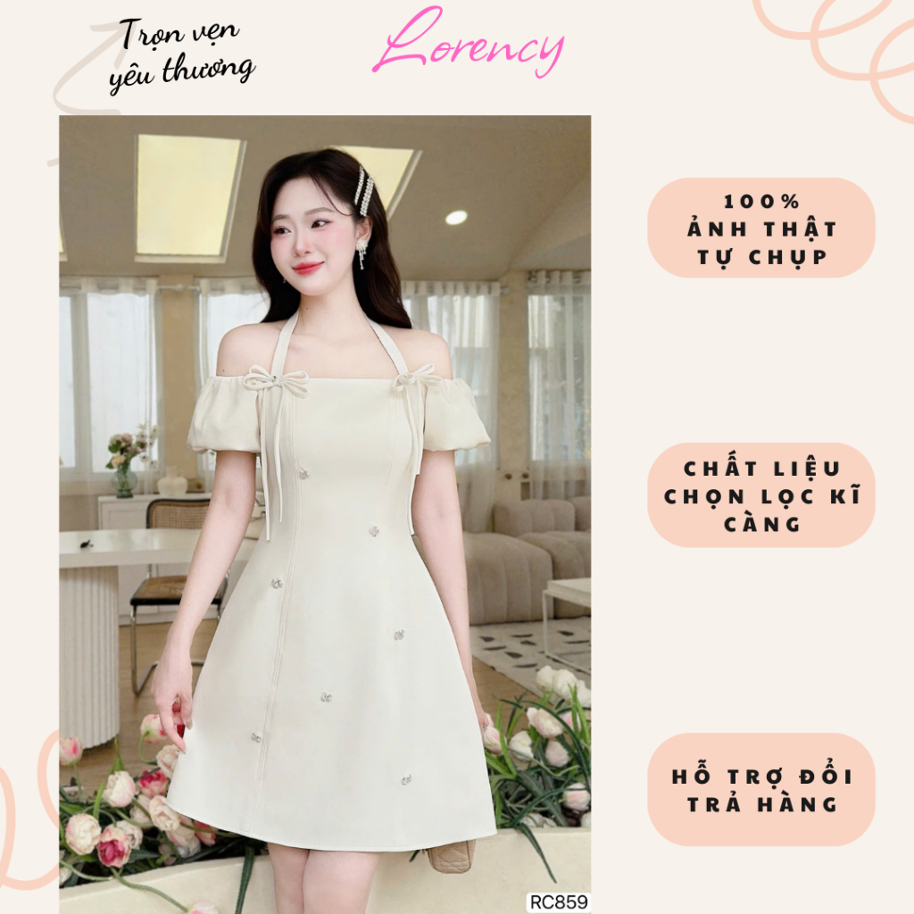 Váy thiết kế vải chéo dáng trẻ trung tông kem Rency RC859