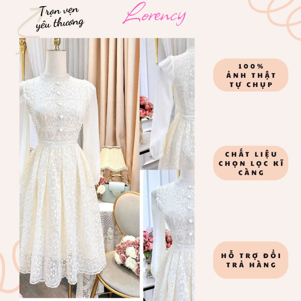 Váy ren Hàn 2 lớp tay lỡ hoa nổi màu kem sang trọng Rency RC5254