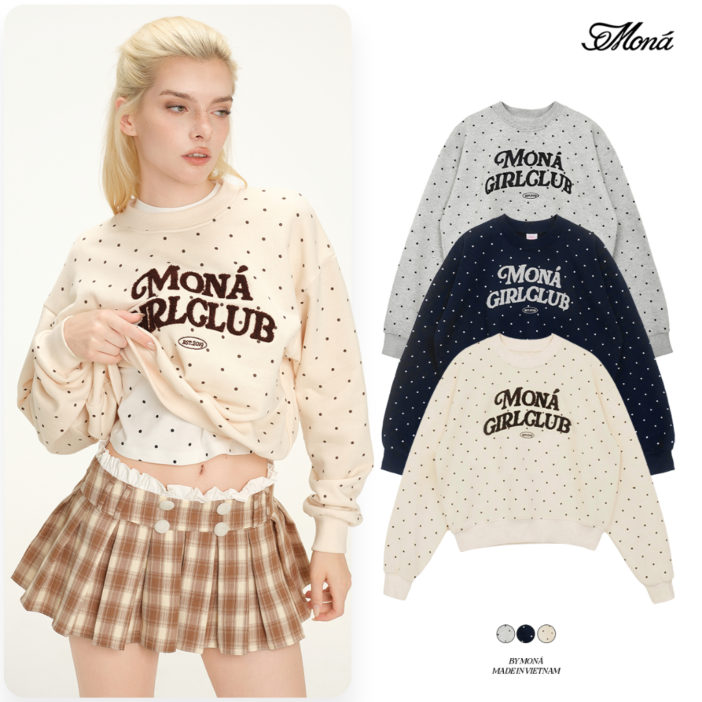 Áo Sweater chấm bi MONÁ chất nỉ chân cua form boxy thêu chữ nổi - NORI