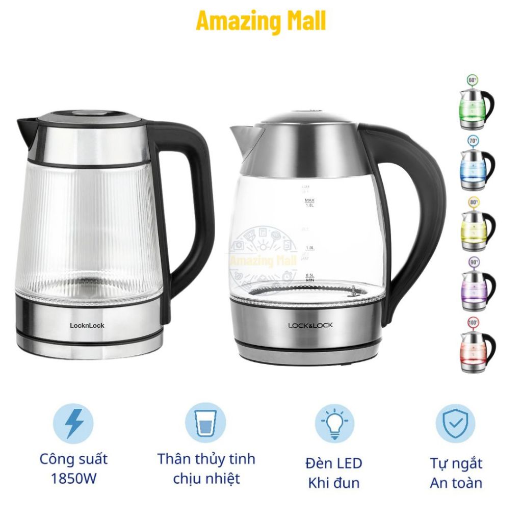 Ấm đun siêu tốc Lock&Lock thân bình thủy tinh 1.8L công suất 1850W EJK418SLV EJK256BLK EJK341 P3H