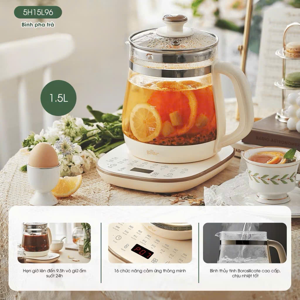Bình Pha Trà Bear 1.5L Ấm Siêu Tốc Pha Trà Ấm Trà Bình Thủy Giữ Nhiệt Ấm Đun Nước HK-5H15L96