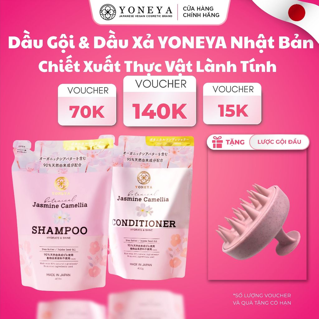 Combo Gội Xả Kem Ủ Tóc Yoneya Botanical Jasmine Camellia Hydrate & Shine Thuần Chay Phục Hồi Hư Tổn