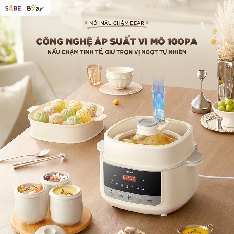 Nồi Nấu Cháo Chậm BEAR 2.5L Có Xửng Hấp 8 Chế Độ Nấu Hầm Hấp Nấu Chậm Cho Bé SC-5H25M34
