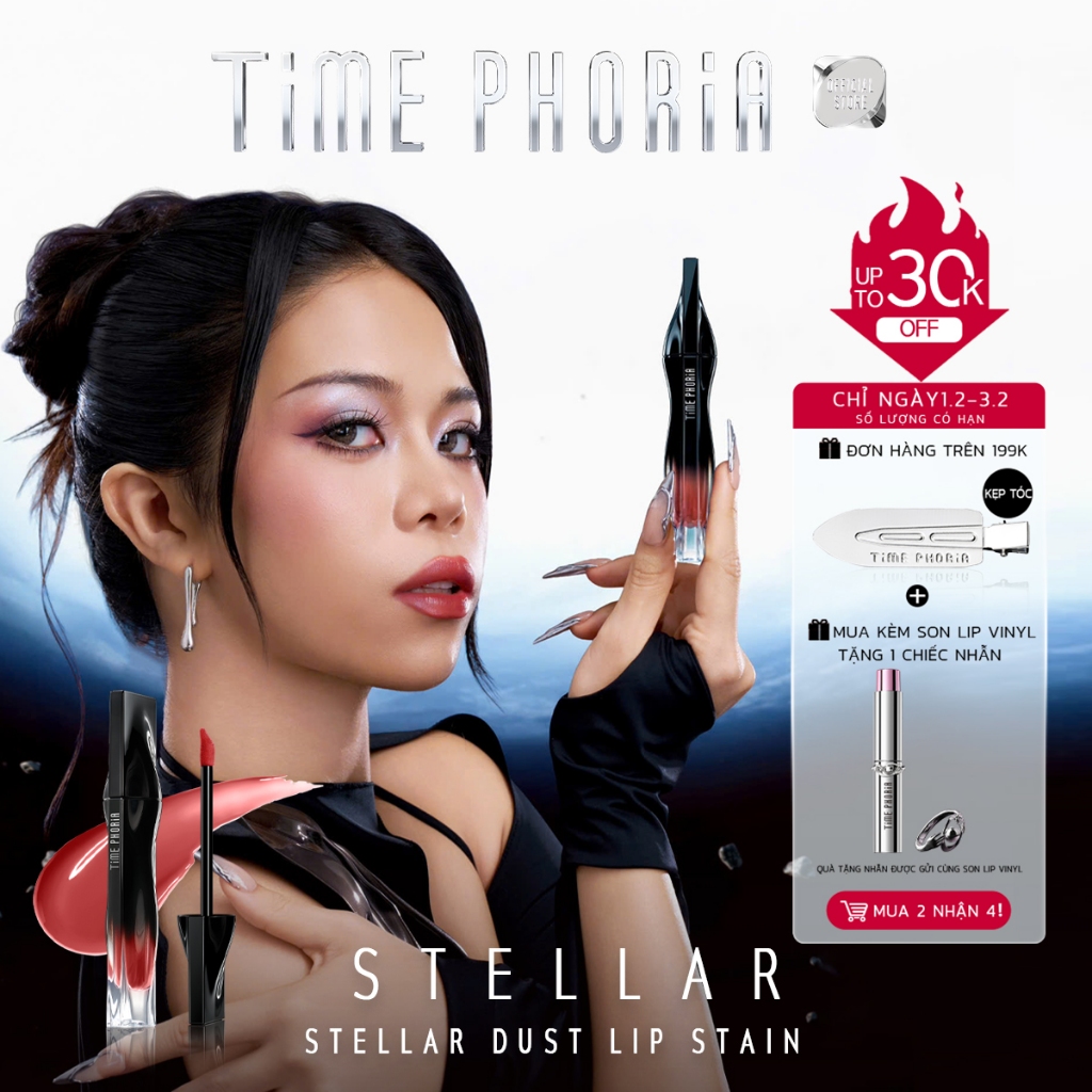 [tlinh choice]Son tint lì lâu trôi TIMEPHORIA STELLAR DUST LIP STAIN bóng mượt, bền màu không lem kh