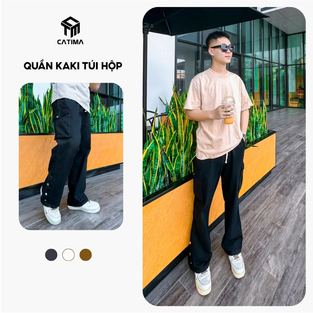 Quần KaKi Ống Rộng Túi Hộp Cạp Chun Unisex Form Đứng Dáng Chất liệu Kaki dày dặn 133 Catima