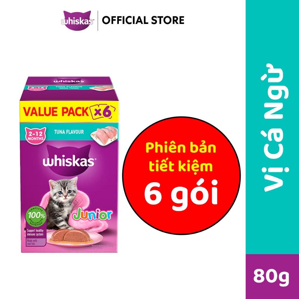 [MỚI - ĐỘC QUYỀN SHOPEE] WHISKAS Junior Pate Mèo Con Vị Cá Ngừ 80g – Hộp Tiết Kiệm 5+1 (Tổng 6 gói)