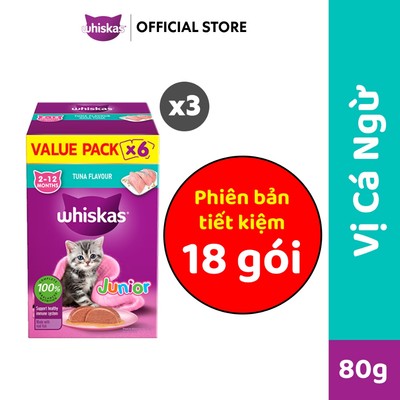 WHISKAS Junior Pate Mèo Con Vị Cá Ngừ 80g – Combo 3 Hộp Tiết Kiệm 5+1 (Tổng 18 gói)