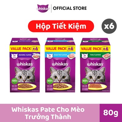 WHISKAS Pate Mèo Trưởng Thành 80g – Combo 6 Hộp Tiết Kiệm 5+1 (Tổng 36 gói)